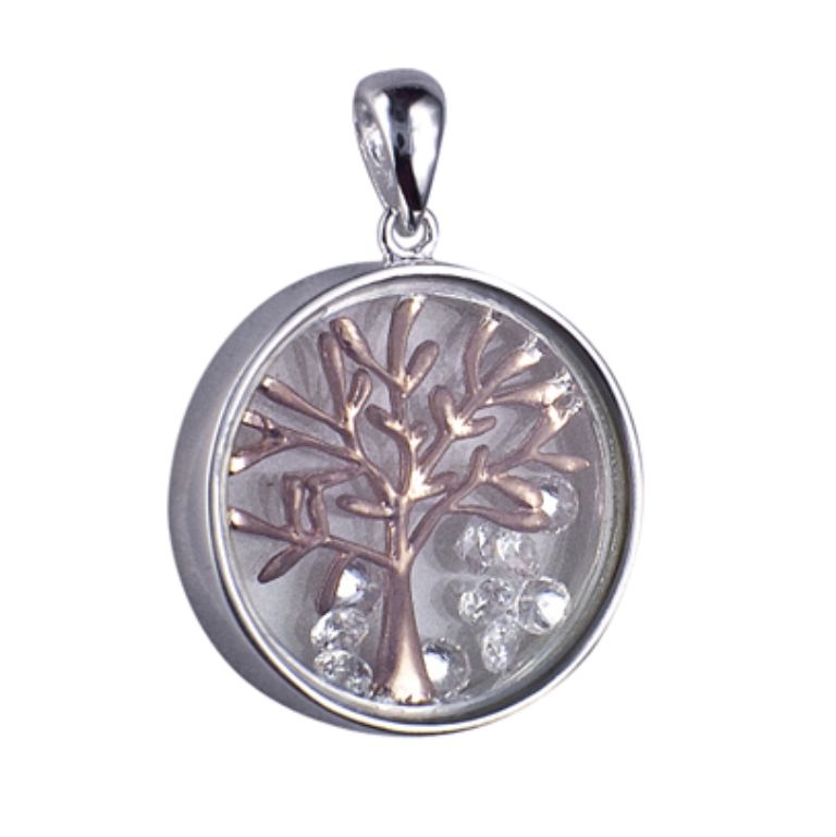 Sterling Silver Glass Enclosed Tree of Life with Floating Czs